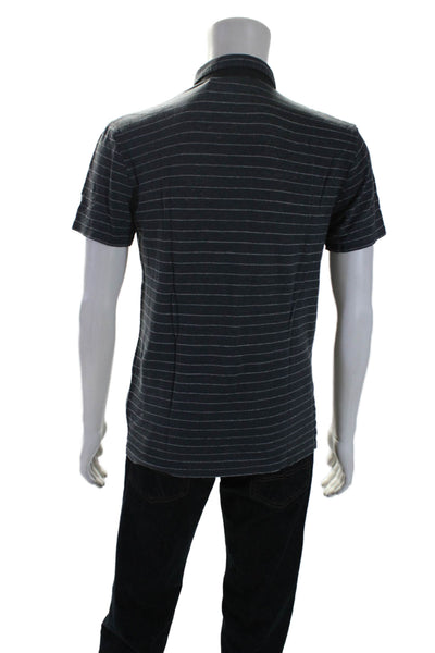 Theory Mens Linen Striped Buttoned Collared Short Sleeve Polo Top Blue Size M