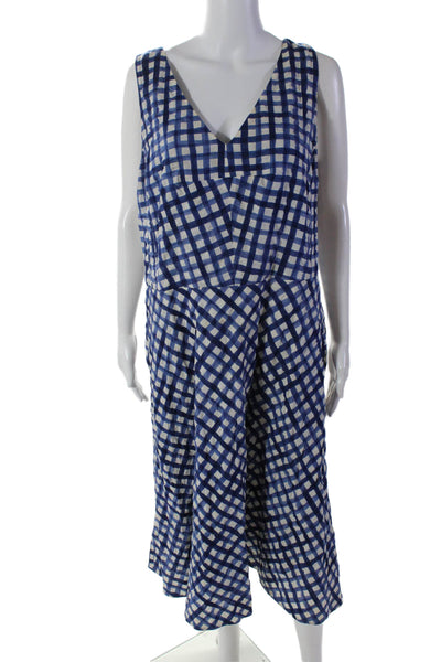 Lafayette 148 New York Womens Striped Check Print Cross Strap Dress Blue Size 14