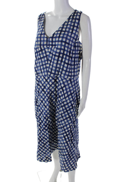 Lafayette 148 New York Womens Striped Check Print Cross Strap Dress Blue Size 14