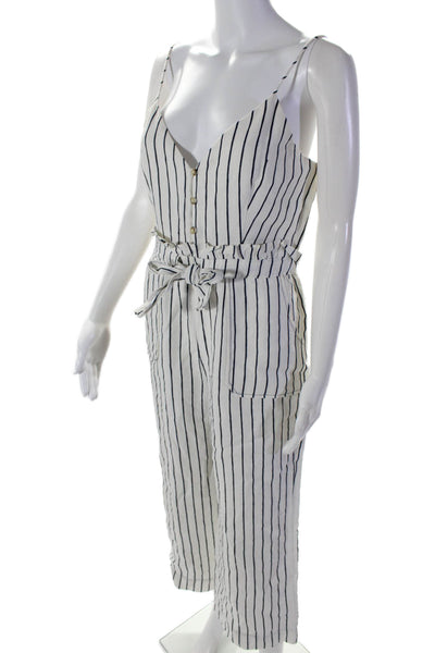 Saylor Womens Sleeveless Striped Button Down Wider Leg Jumpsuit White Small