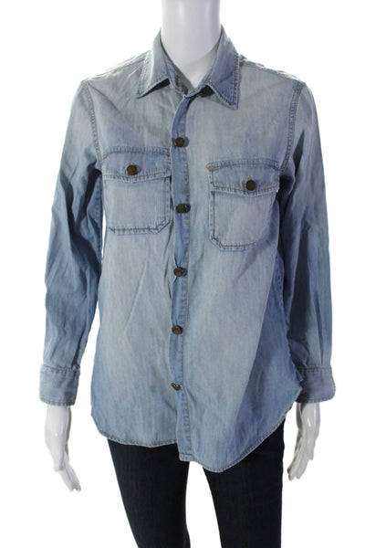 Current/Elliott Womens Cotton Long Sleeve Button Down Jean Shirt Blue Size 1