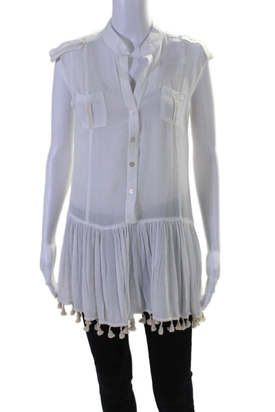 Poupette St. Barth Womens Sleeveless V Neck Tassel Fringe Top White Size XS