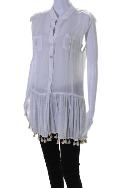 Poupette St. Barth Womens Sleeveless V Neck Tassel Fringe Top White Size XS