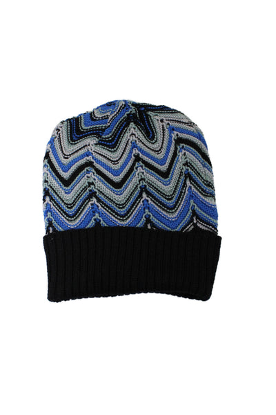 Missoni Orange Label Womens Ribbed Trim Chevron Knit Beanie Hat Blue Black OS