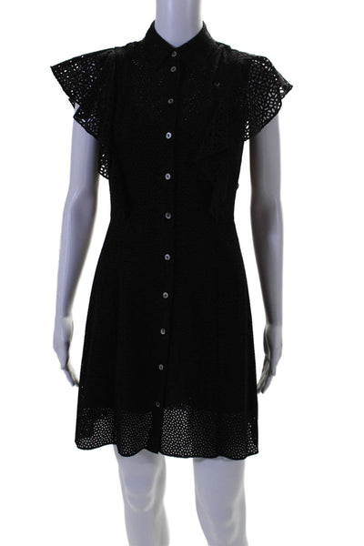 Theory Womens Button Front Ruffled Short Sleeve Eyelet Dress Black Size 00