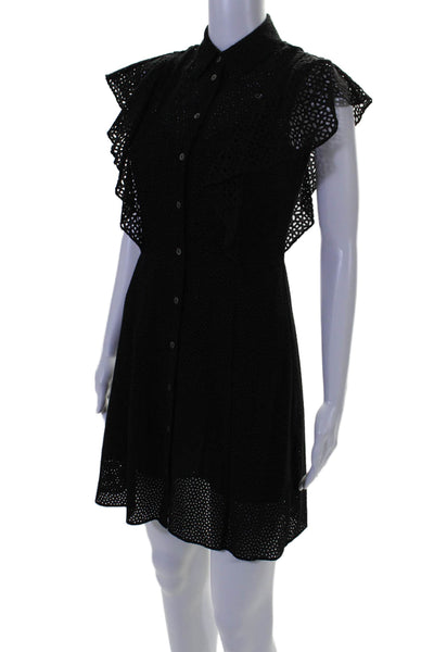 Theory Womens Button Front Ruffled Short Sleeve Eyelet Dress Black Size 00