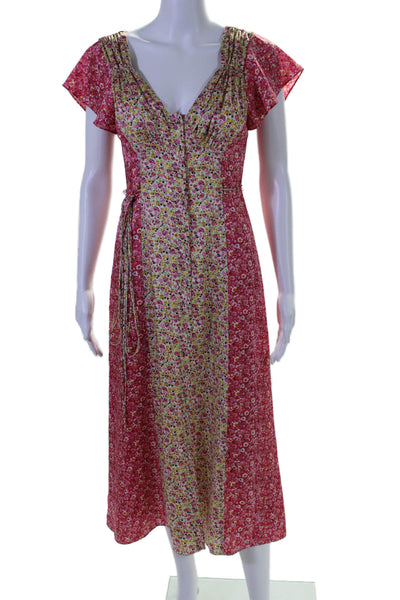 Cinq A Sept Womens Button Front V Neck Floral Side Slit Midi Dress Pink Size 00