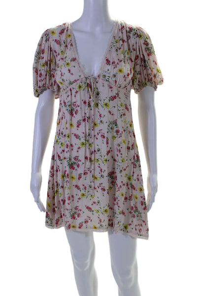 LPA Womens Short Sleeveless V Neck Floral Mini Dress Pink Size Extra Small