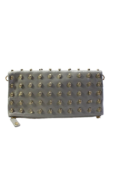 Thomas Wylde Womens Gray Gold Tone Skull Embellished Flap Clutch Bag Handbag