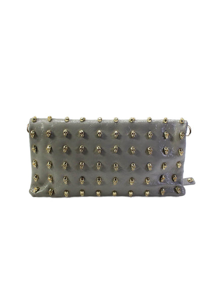 Thomas Wylde Womens Gray Gold Tone Skull Embellished Flap Clutch Bag Handbag