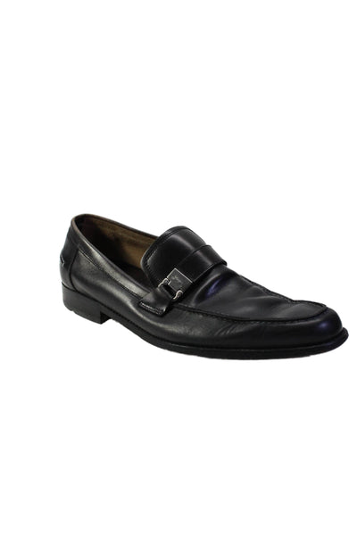 Salvatore Ferragamo Mens Round Toe Logo Strap Loafers Black Leather Size 8.5