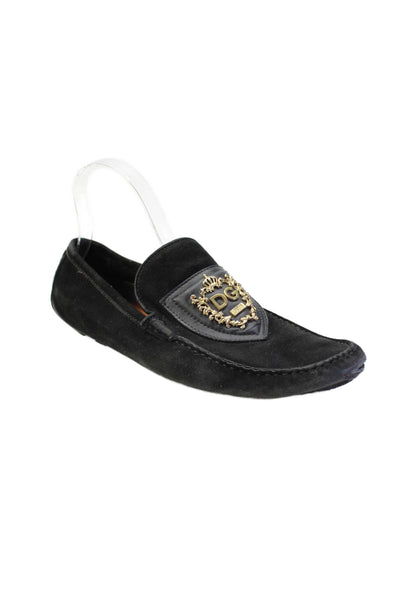 Dolce & Gabbana Mens Slip On Round Toe Metal Emblem Loafers Black Suede Size 8