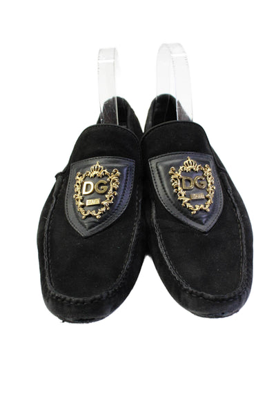 Dolce & Gabbana Mens Slip On Round Toe Metal Emblem Loafers Black Suede Size 8