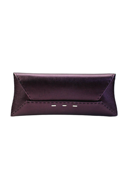 VBH Womens Large Metallic Flap Envelope Clutch Handbag Dark Purple Leather