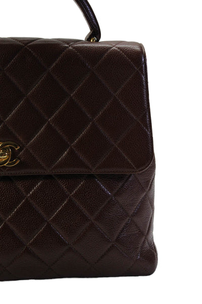 Chanel Womens Quilted Caviar Leather CC Turnlock Kelly Top Handle Handbag Brown