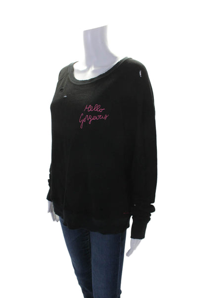 Philanthropy Womens Scoop Neck Distressed Hello Gorgeous Sweater Black Medium