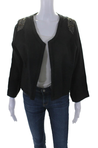 Harlowe & Graham Womens Linen Open Front Beaded Light Jacket Black Size XL