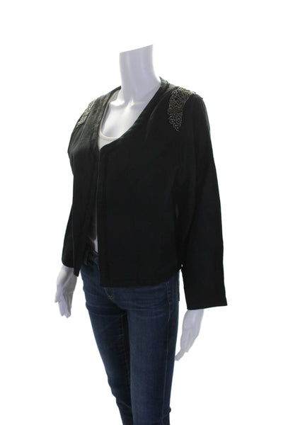 Harlowe & Graham Womens Linen Open Front Beaded Light Jacket Black Size XL