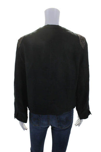 Harlowe & Graham Womens Linen Open Front Beaded Light Jacket Black Size XL