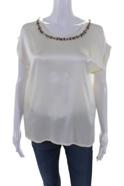 Pinko Womens Cuffed Short Sleeve Rhinestone Embellished Blouse Cream Size 4