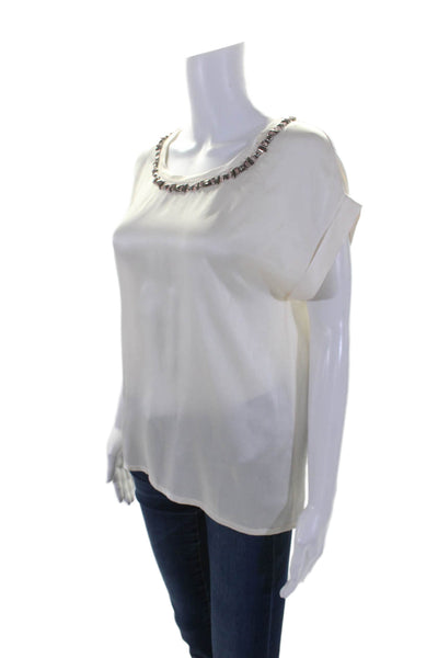 Pinko Womens Cuffed Short Sleeve Rhinestone Embellished Blouse Cream Size 4