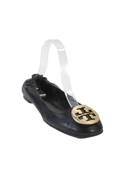 Tory Burch Womens Leather Gold Tone Logo Flats Black Size 7.5