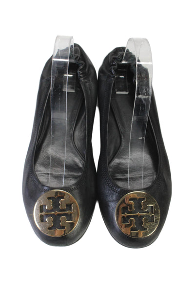 Tory Burch Womens Leather Gold Tone Logo Flats Black Size 7.5