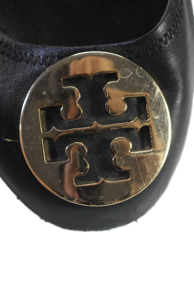 Tory Burch Womens Leather Gold Tone Logo Flats Black Size 7.5