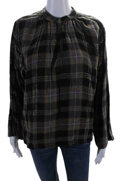 Apiece Apart Womens Long Sleeve V Neck Plaid Oversized Shirt Gray Black Size 8