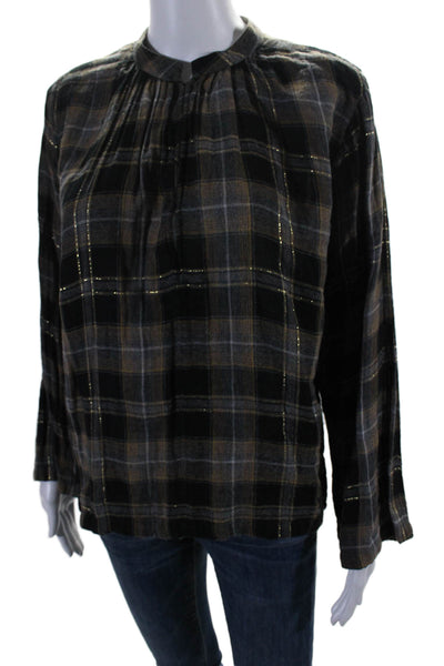 Apiece Apart Womens Long Sleeve V Neck Plaid Oversized Shirt Gray Black Size 8