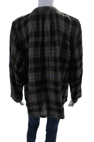 Apiece Apart Womens Long Sleeve V Neck Plaid Oversized Shirt Gray Black Size 8