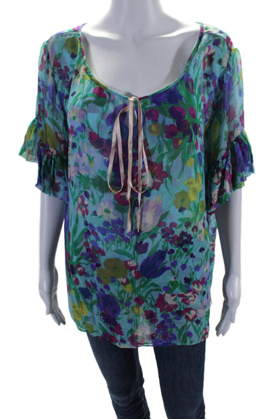 Le Shack By Tracy Feith Womens Short Sleeve Keyhole Floral Silk Top Blue Size 6