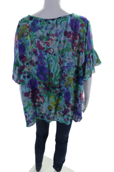 Le Shack By Tracy Feith Womens Short Sleeve Keyhole Floral Silk Top Blue Size 6