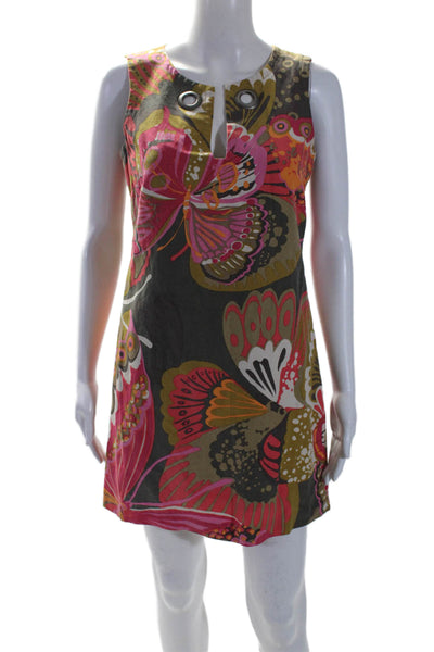 Trina Turk Womens Back Zip Sleeveless V Neck Floral Dress Brown Pink Silk Size 2