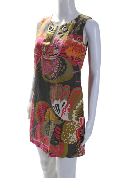 Trina Turk Womens Back Zip Sleeveless V Neck Floral Dress Brown Pink Silk Size 2