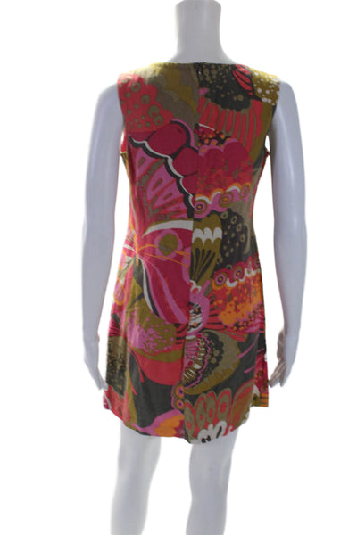 Trina Turk Womens Back Zip Sleeveless V Neck Floral Dress Brown Pink Silk Size 2