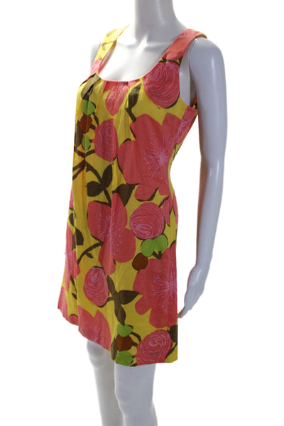 Trina Turk Womens Sleeveless Scoop Neck Floral Shift Dress Yellow Pink Size 2