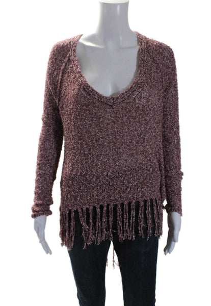 Free People Womens Long Sleeve High Low Fringe V Neck Sweater Mauve Size XS