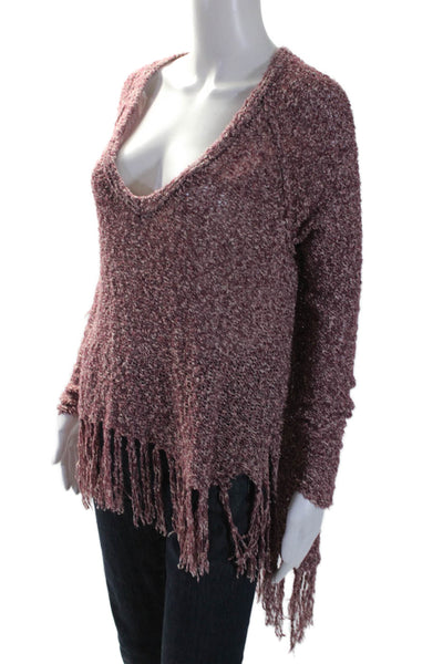 Free People Womens Long Sleeve High Low Fringe V Neck Sweater Mauve Size XS