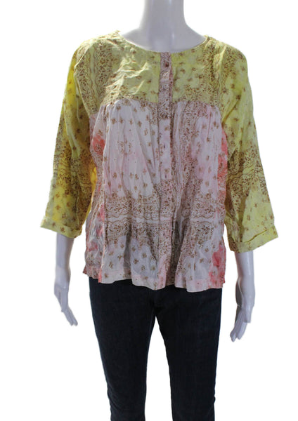 Pilcro Anthropologie Womens Button Front 3/4 Sleeve Shirt Yellow Pink Size Small