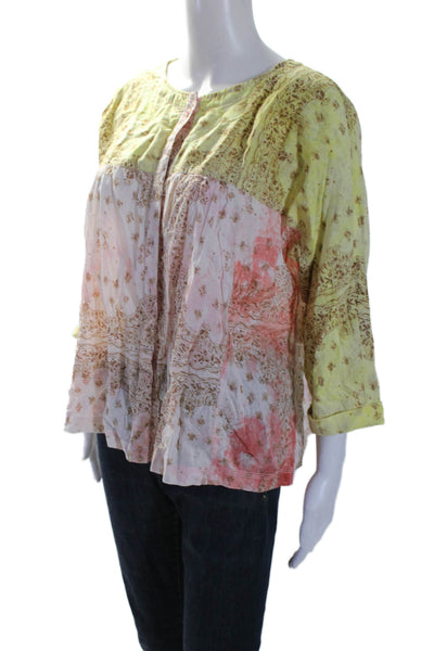 Pilcro Anthropologie Womens Button Front 3/4 Sleeve Shirt Yellow Pink Size Small