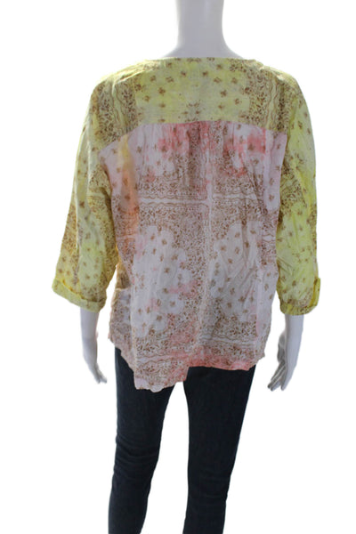 Pilcro Anthropologie Womens Button Front 3/4 Sleeve Shirt Yellow Pink Size Small