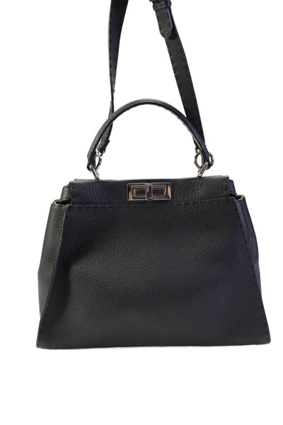 Fendi Womens Top Handle Grain Leather Two Way Peekaboo Handbag Dark Gray