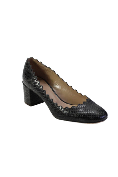 Chloe Womens Block Heel Snake Embossed Scalloped Pumps Black Leather Size 35.5