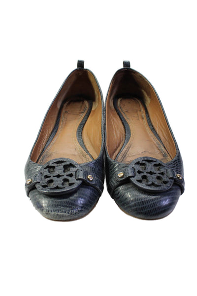 Tory Burch Womens Slip On Lizard Embossed Logo Ballet Flats Navy Leather Size 6M