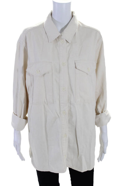 Triarchy Womens Cotton Blend Collared Button Up Blouse Top Shacket Beige Size XS