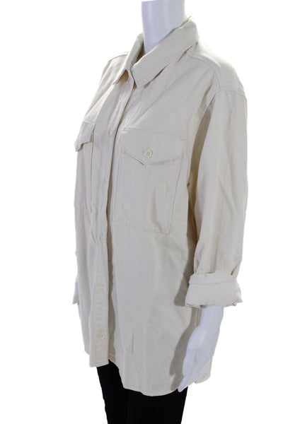 Triarchy Womens Cotton Blend Collared Button Up Blouse Top Shacket Beige Size XS