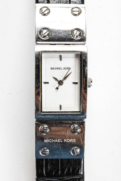 Michael Kors Womens Silver Stainless Steel Black Leather Band Watch