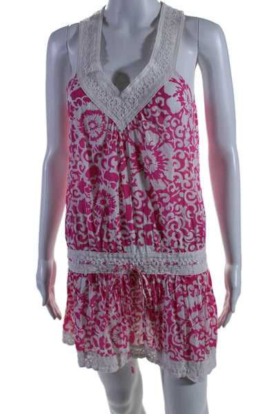 Shoshanna Womens Floral Print Sleeveless V Neck Dress Pink White Size Medium