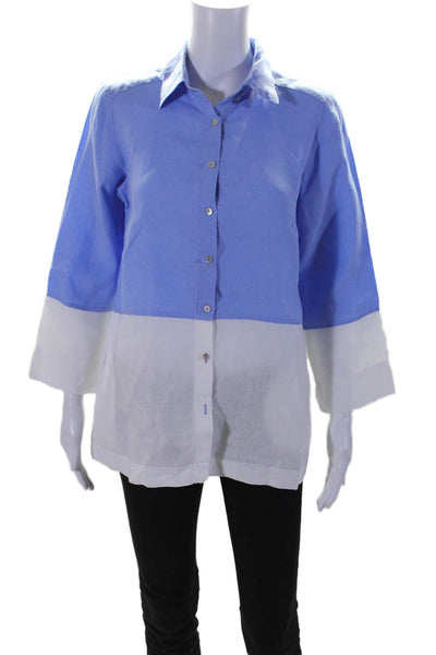 I Linen Womens Button Front Long Sleeve Collared Shirt Blue White Size Small